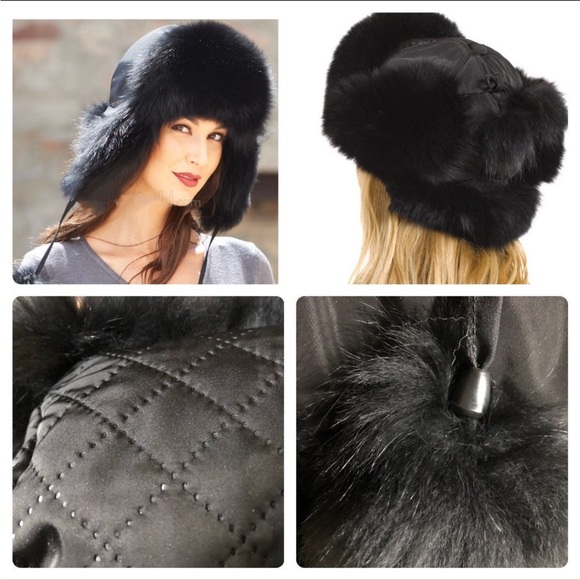 NWOT Genuine Fox Fur Bomber Black HAT - Picture 3 of 6